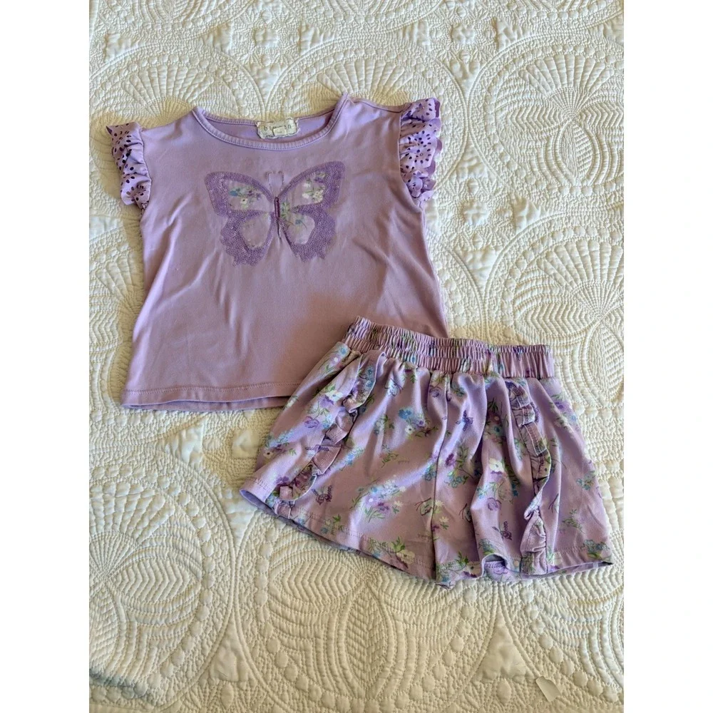 btween Toddler Girls Matching Short Set Lilac Purple Butterfly Floral Size 4T
